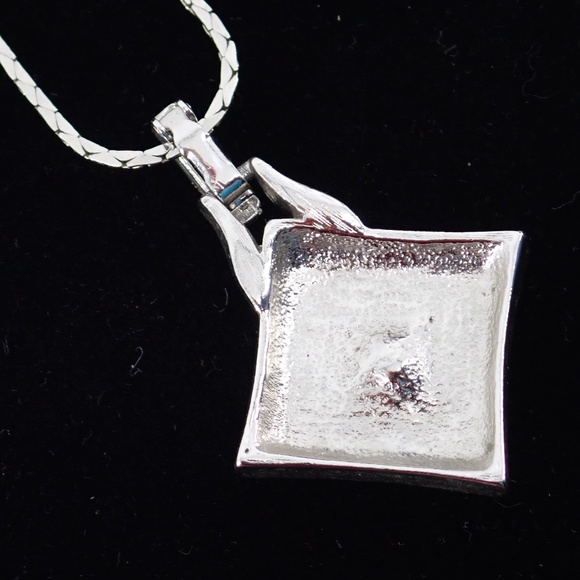 Crown Trifari Signed Square Silver Tone Rhinestone Pendant on Serpentine Chain 2 - Picture 8 of 13